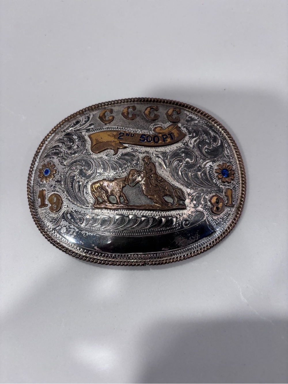 Frontier Vtg 2nd Place Rodeo Belt Buckle Sterling Silver Overlay Jewels